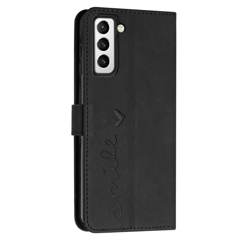 For Samsung Galaxy S23+ Heart Shape Imprinted Wallet Viewing Stand Case Skin-touch Feeling PU Leather Phone Cover with Shoulder Strap - Black
