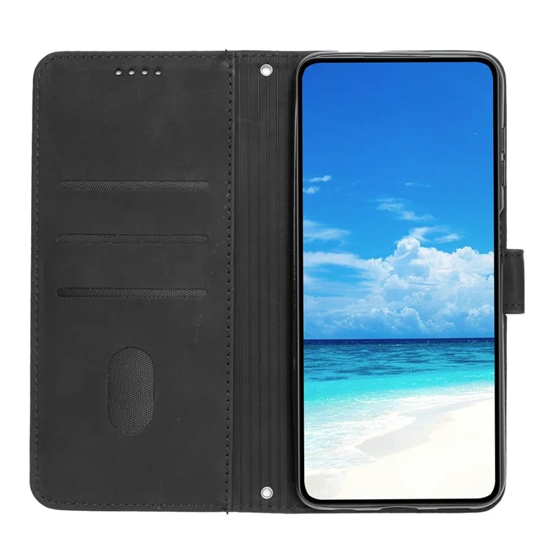 For Samsung Galaxy S23+ Heart Shape Imprinted Wallet Viewing Stand Case Skin-touch Feeling PU Leather Phone Cover with Shoulder Strap - Black