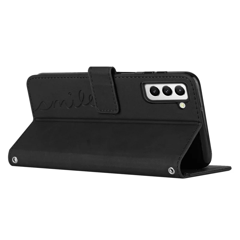 For Samsung Galaxy S23+ Heart Shape Imprinted Wallet Viewing Stand Case Skin-touch Feeling PU Leather Phone Cover with Shoulder Strap - Black