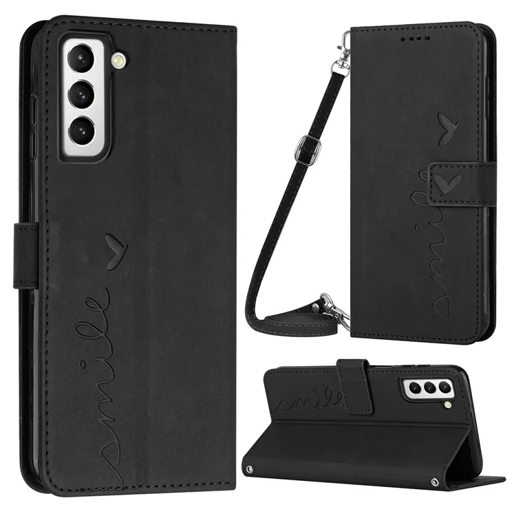 Para Samsung Galaxy S23 Heart Shape Imprinted Wallet Horizontal Stand Case Skin-touch Feeling PU Leather Phone Cover with Shoulder Strap - Negro