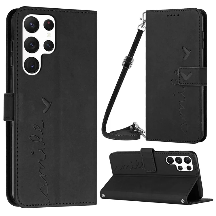 Stand Case For Samsung Galaxy S23 Ultra, Forma de Corazón Imprimida Para la Piel Touch Que Feel PU Teléfono de Cuero Con Correa Para el Hombro - Negro