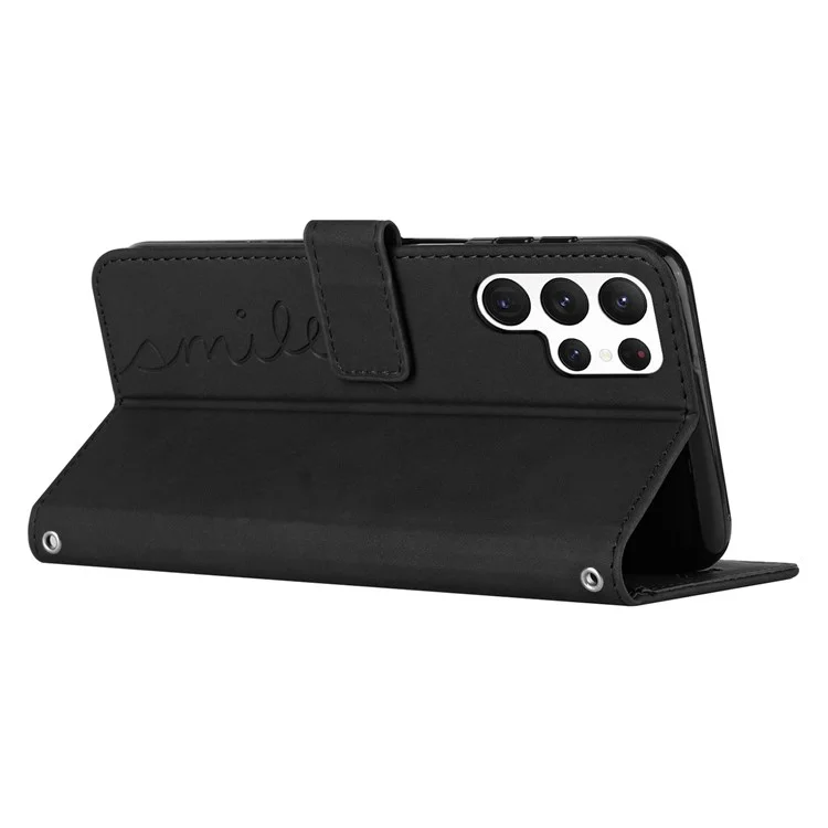 Stand Case For Samsung Galaxy S23 Ultra, Forma de Corazón Imprimida Para la Piel Touch Que Feel PU Teléfono de Cuero Con Correa Para el Hombro - Negro