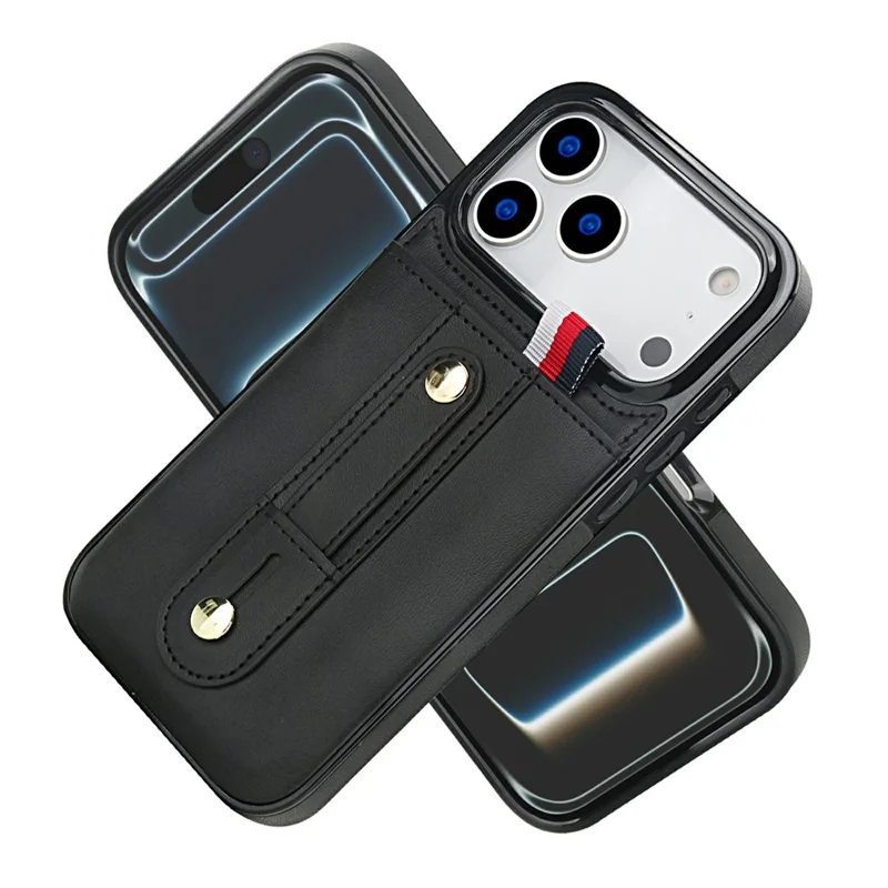 For iPhone 17 Pro Case PU Leather+TPU Hidden Card Holder Drop-proof Phone Cover with Kickstand - Black