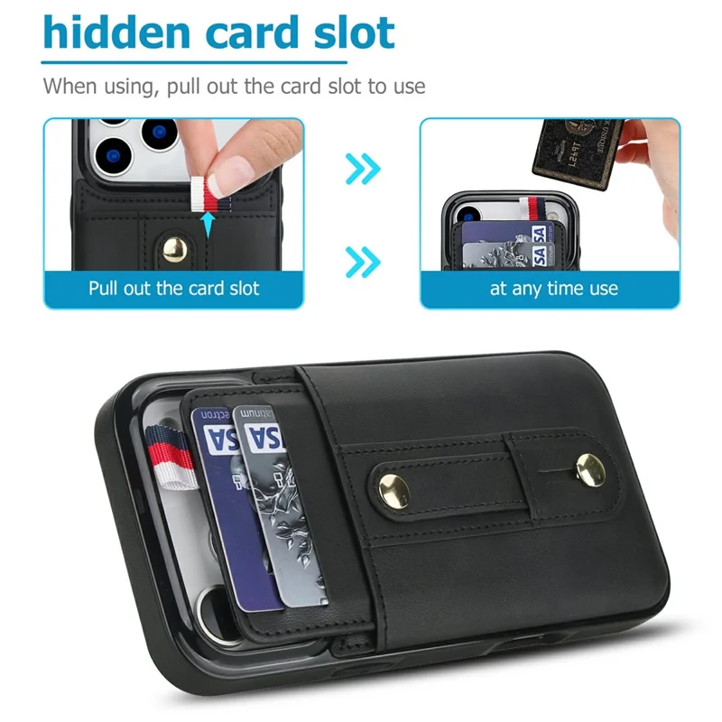 For iPhone 17 Pro Case PU Leather+TPU Hidden Card Holder Drop-proof Phone Cover with Kickstand - Black