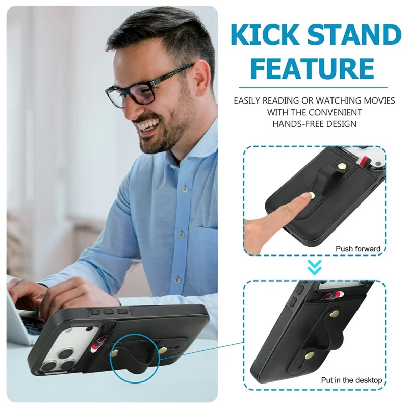 For iPhone 17 Pro Max Case PU Leather+TPU Hidden Card Holder Drop-proof Phone Cover with Kickstand - Black