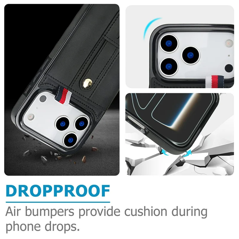 For iPhone 17 Pro Max Case PU Leather+TPU Hidden Card Holder Drop-proof Phone Cover with Kickstand - Black