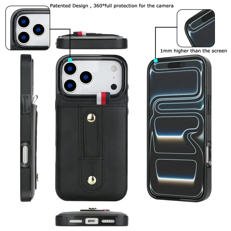 For iPhone 17 Pro Max Case PU Leather+TPU Hidden Card Holder Drop-proof Phone Cover with Kickstand - Black