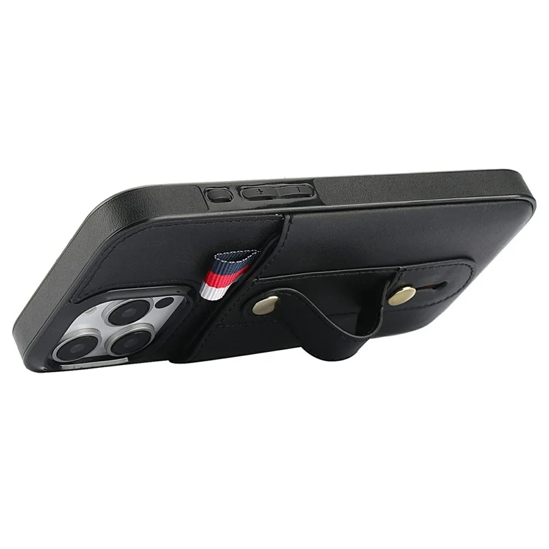 For iPhone 16 Pro Max Case PU Leather+TPU Hidden Card Holder Drop-proof Phone Cover with Kickstand - Black