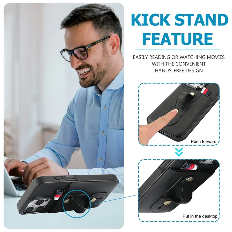 For iPhone 16 Pro Max Case PU Leather+TPU Hidden Card Holder Drop-proof Phone Cover with Kickstand - Black