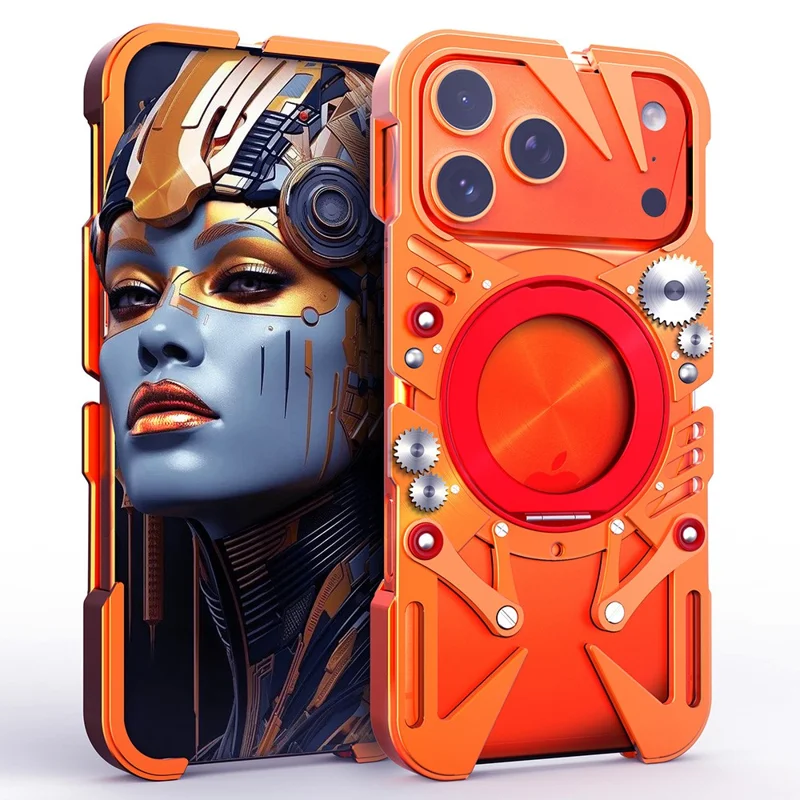 For iPhone 17 Pro Max Bumper Case Kickstand Aluminum Alloy Magnetic Phone Cover with Wrist Strap Compatible with MagSafe - Orange