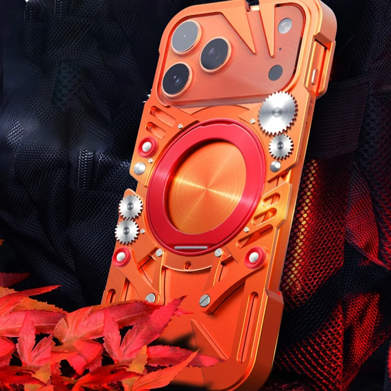 For iPhone 17 Pro Max Bumper Case Kickstand Aluminum Alloy Magnetic Phone Cover with Wrist Strap Compatible with MagSafe - Orange