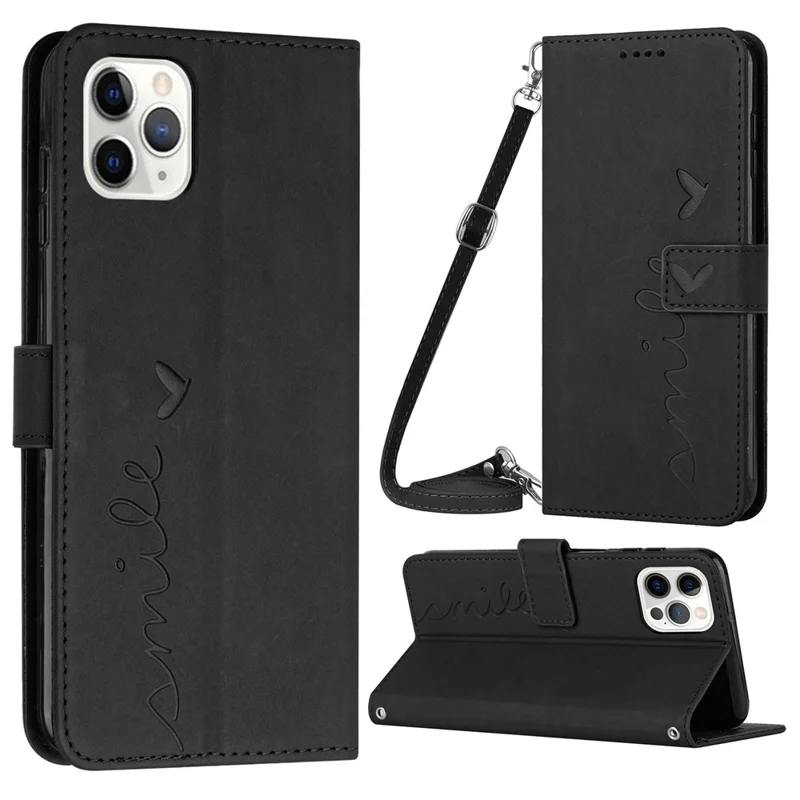 Stand Case For Iphone 13 Pro 6.1 Pulgadas, Forma de Choque a Prueba de Choque la Billetera Impresa Para la Piel Del Toque de la Piel Del Teléfono PU de Cuero Con Correa Para el Hombro - Negro