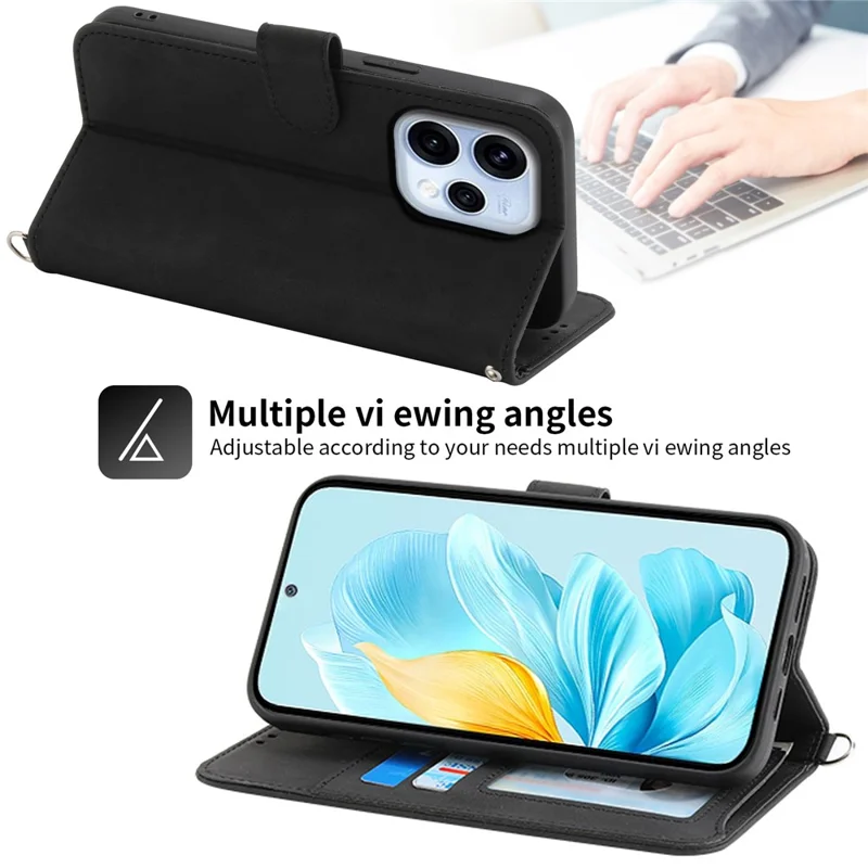 For Oppo Reno15 5G (Global)  /  Reno15c 5G (China) Wallet Case Flower Pattern PU Leather Phone Cover with Strap - Black