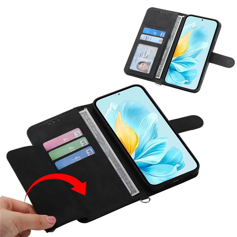 For Oppo Reno15 5G (Global)  /  Reno15c 5G (China) Wallet Case Flower Pattern PU Leather Phone Cover with Strap - Black