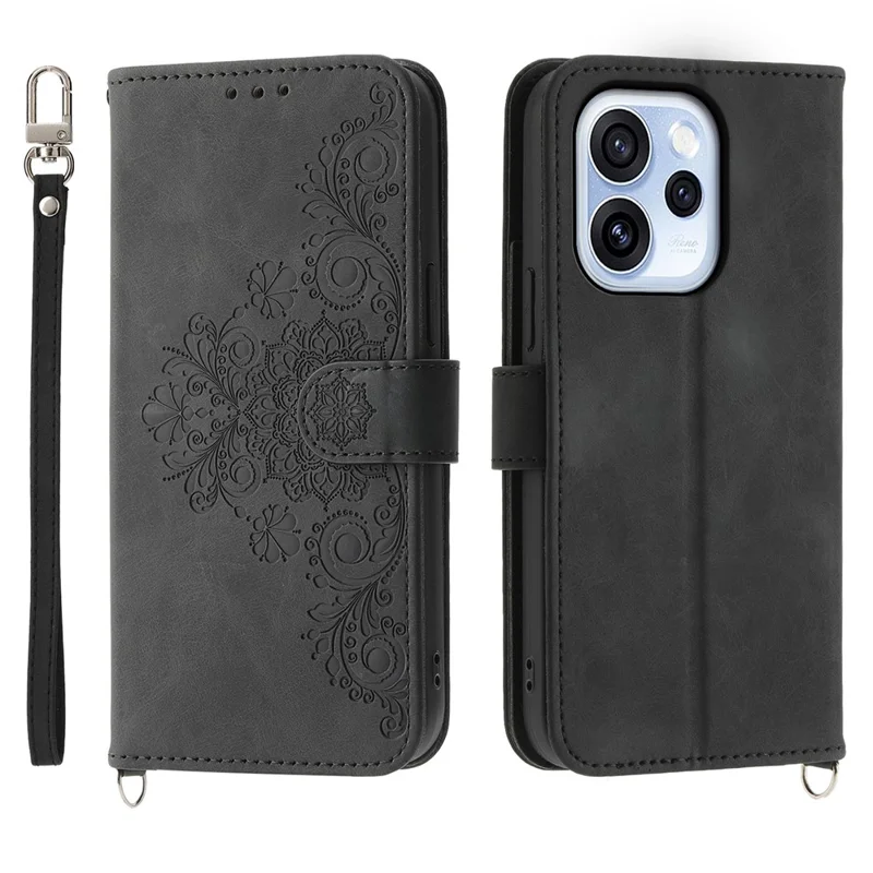 For Oppo Reno15 F 5G Wallet Case Flower Pattern PU Leather Phone Cover with Strap - Black