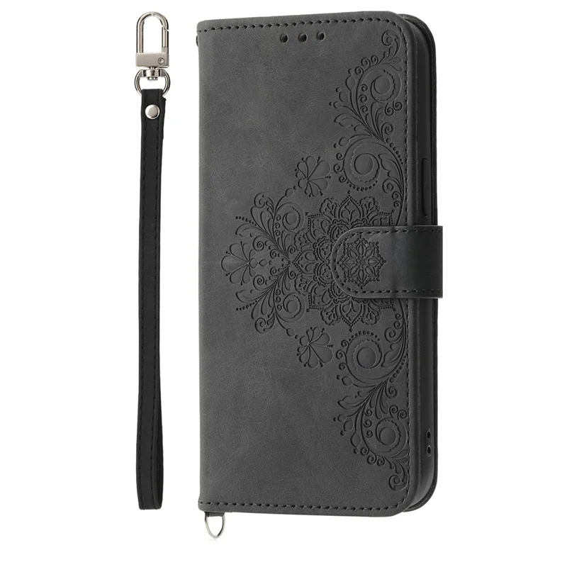 For Oppo Reno15 F 5G Wallet Case Flower Pattern PU Leather Phone Cover with Strap - Black