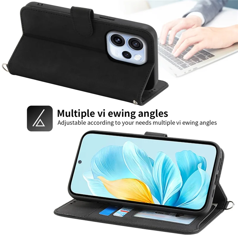 For Oppo Reno15 F 5G Wallet Case Flower Pattern PU Leather Phone Cover with Strap - Black