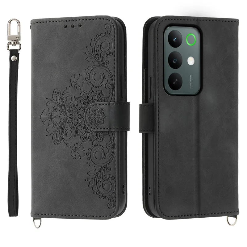 For Realme C85 5G Wallet Case Flower Pattern PU Leather Phone Cover with Strap - Black