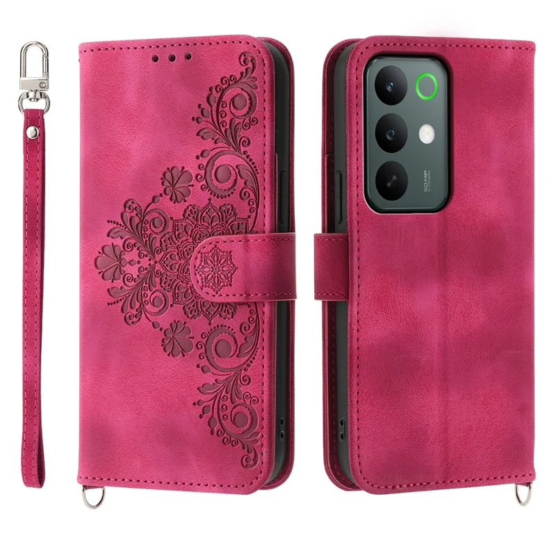 Für Realme C85 Pro 4G Brieftaschenhülle Blumenmuster PU-Leder-Handyhülle mit Gurt – Weinrot