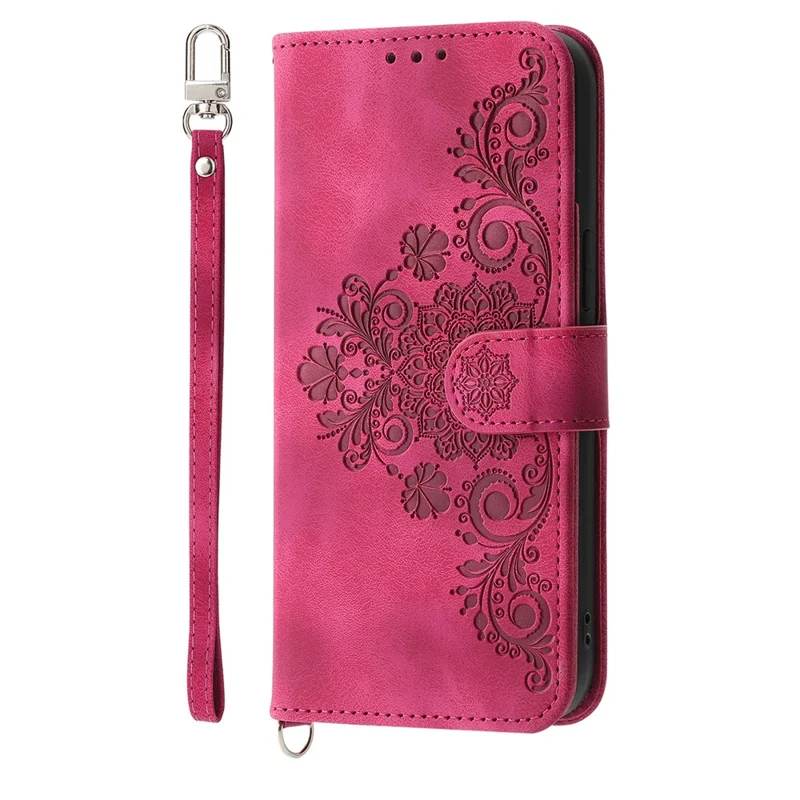 Für Realme C85 Pro 4G Brieftaschenhülle Blumenmuster PU-Leder-Handyhülle mit Gurt – Weinrot