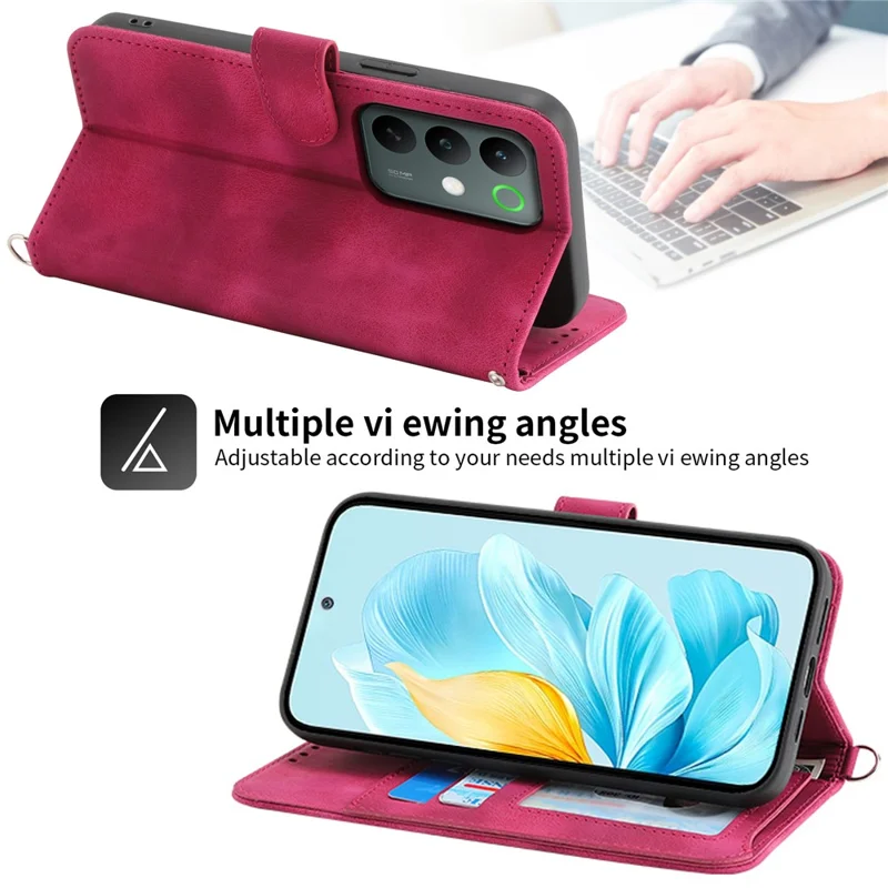 Für Realme C85 Pro 4G Brieftaschenhülle Blumenmuster PU-Leder-Handyhülle mit Gurt – Weinrot