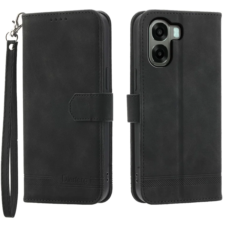 DIERFENG DF-03 For Oppo A6x 5G  /  A6x 4G Leather Case Lines Imprint Wallet Phone Cover with Wrist Strap - Black