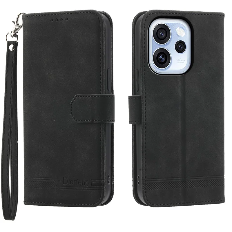 DIERFENG DF-03 Für Oppo Reno15 F 5G Ledertasche Linienprägung Mappen-Handyhülle mit Handschlaufe - Schwarz