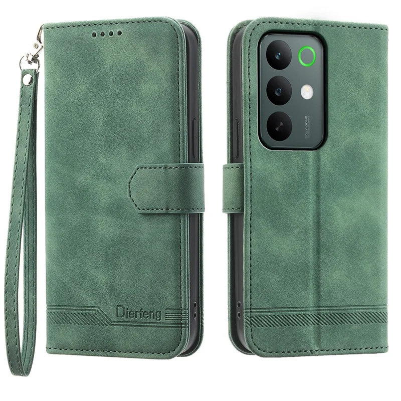 DIERFENG DF-03 For Realme C85 5G Leather Case Lines Imprint Wallet Phone Cover with Wrist Strap - Green