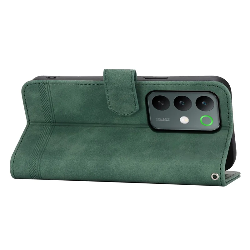 DIERFENG DF-03 For Realme C85 5G Leather Case Lines Imprint Wallet Phone Cover with Wrist Strap - Green