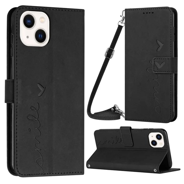 Stand Case For Iphone 14 Plus, la Billetera Impresa de la Billetera Impresa Para la Piel de la Billetera de la Piel Del Teléfono Con Correa Para el Hombro - Negro