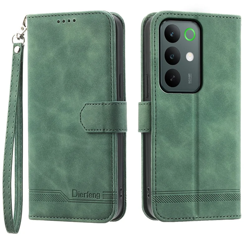 DIERFENG DF-03 For Realme C85 Pro 4G Leather Case Lines Imprint Wallet Phone Cover with Wrist Strap - Green