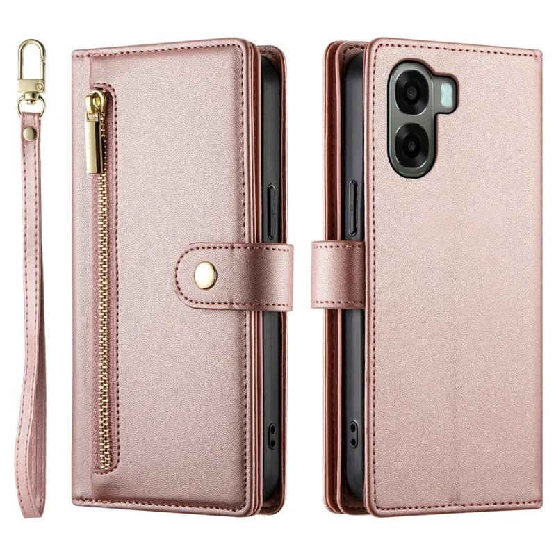 For Oppo A6x 5G  /  A6x 4G Leather Case Zipper Pocket Wallet Phone Cover with Straps - Pink