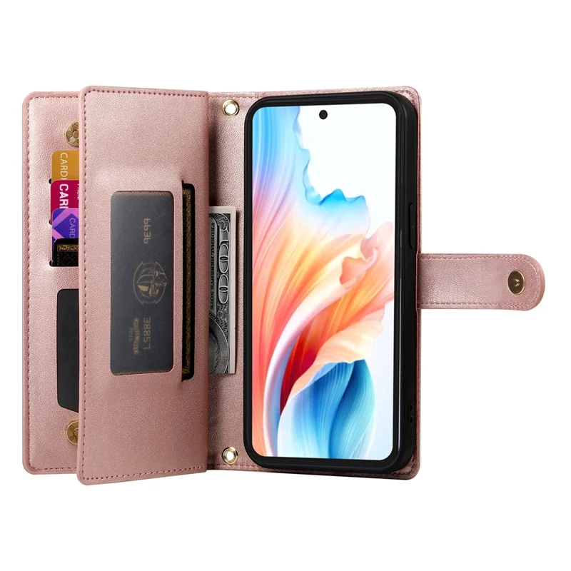 For Oppo A6x 5G  /  A6x 4G Leather Case Zipper Pocket Wallet Phone Cover with Straps - Pink