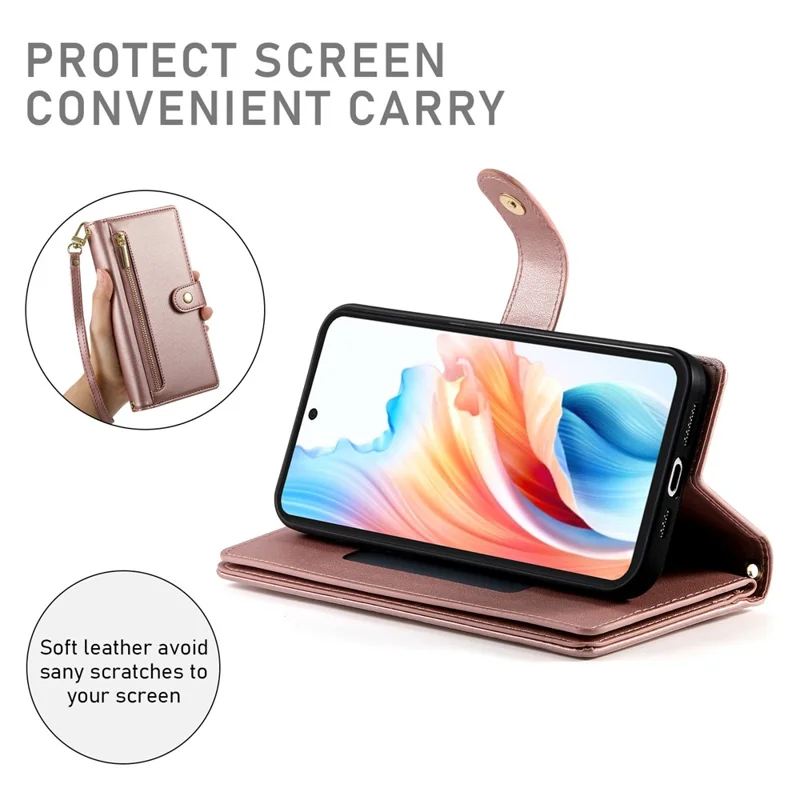 For Oppo A6x 5G  /  A6x 4G Leather Case Zipper Pocket Wallet Phone Cover with Straps - Pink