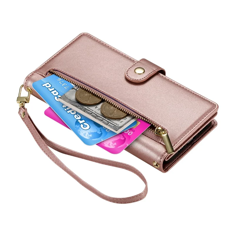 For Oppo A6x 5G  /  A6x 4G Leather Case Zipper Pocket Wallet Phone Cover with Straps - Pink
