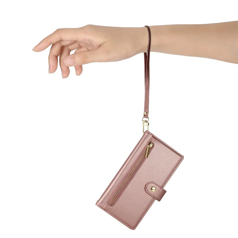 For Oppo A6x 5G  /  A6x 4G Leather Case Zipper Pocket Wallet Phone Cover with Straps - Pink