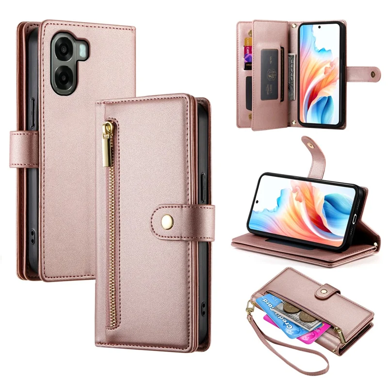 For Oppo A6x 5G  /  A6x 4G Leather Case Zipper Pocket Wallet Phone Cover with Straps - Pink