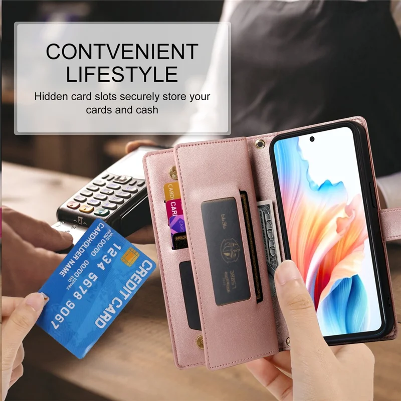 For Oppo A6x 5G  /  A6x 4G Leather Case Zipper Pocket Wallet Phone Cover with Straps - Pink