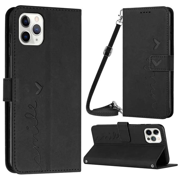 Standkoffer Für Iphone 14 Pro Max, Herzform Eingeprägter Brieftaschen Hauttouch Fühlen Sie Die Volle Abdeckung PU Leder Telefonabdeckung Mit Schultergurt - Schwarz
