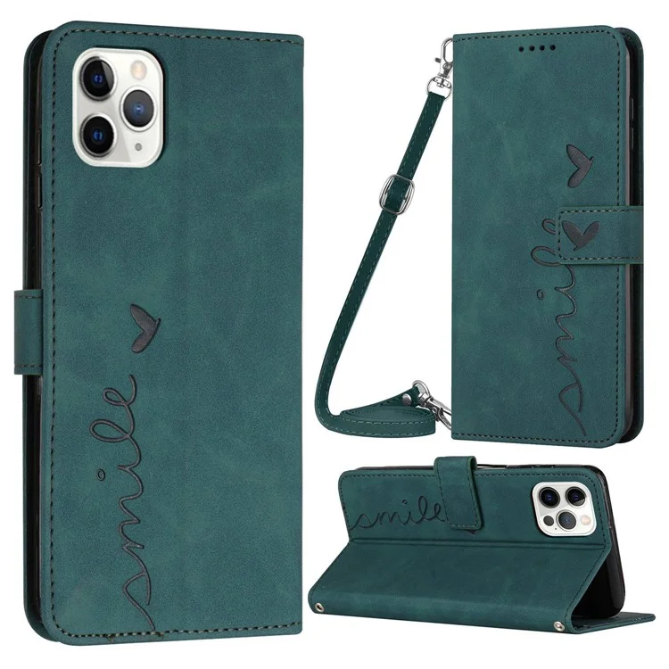 Standkoffer Für Iphone 14 Pro Max, Herzform Eingeprägter Brieftaschen Hauttouch Fühlen Sie Die Volle Abdeckung PU Leder Telefonabdeckung Mit Schultergurt - Grün