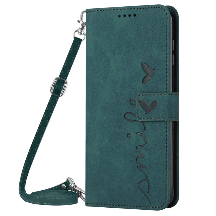 Standkoffer Für Iphone 14 Pro Max, Herzform Eingeprägter Brieftaschen Hauttouch Fühlen Sie Die Volle Abdeckung PU Leder Telefonabdeckung Mit Schultergurt - Grün