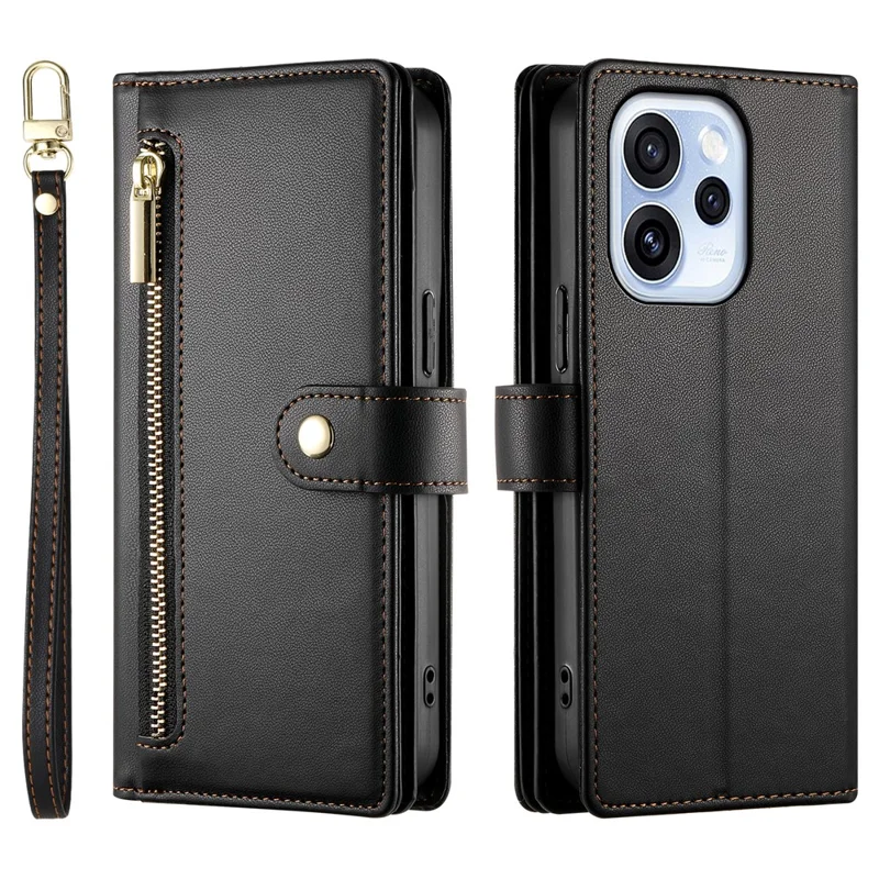 For Oppo Reno15 F 5G Leather Case Zipper Pocket Wallet Phone Cover with Straps - Black