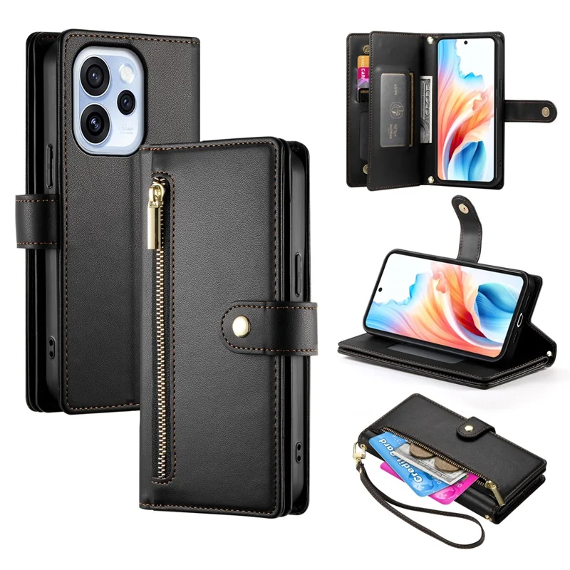 For Oppo Reno15 F 5G Leather Case Zipper Pocket Wallet Phone Cover with Straps - Black