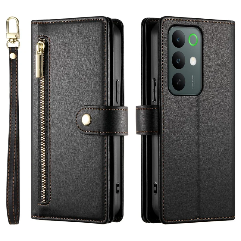 For Realme C85 5G Leather Case Zipper Pocket Wallet Phone Cover with Straps - Black