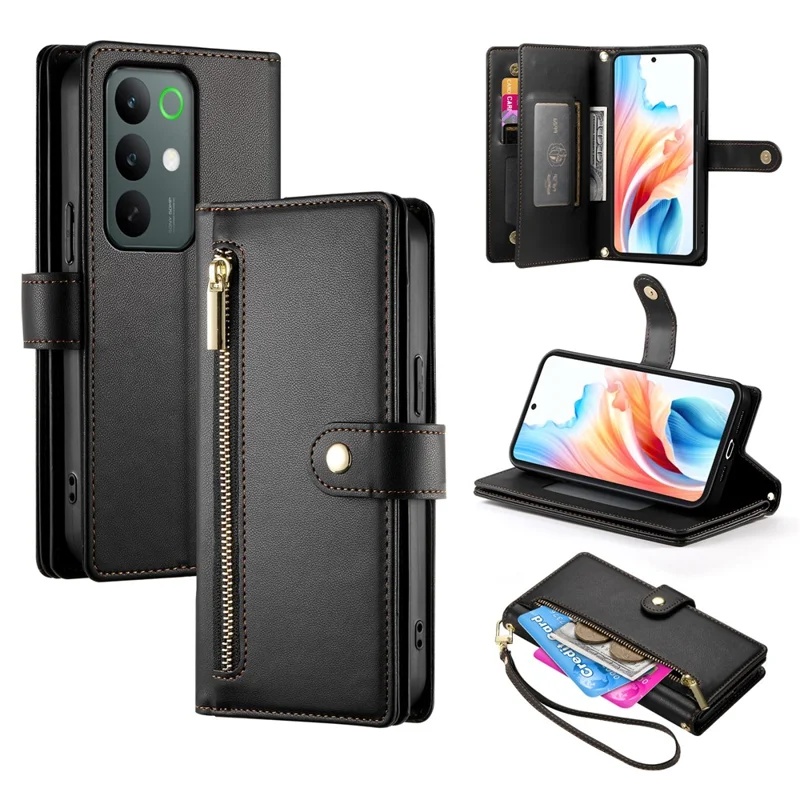 For Realme C85 5G Leather Case Zipper Pocket Wallet Phone Cover with Straps - Black