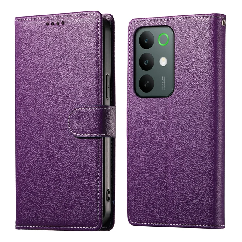 For Realme C85 5G Case Magnetic Snap Litchi Texture Leather Wallet Phone Cover with Wrist Strap - Purple