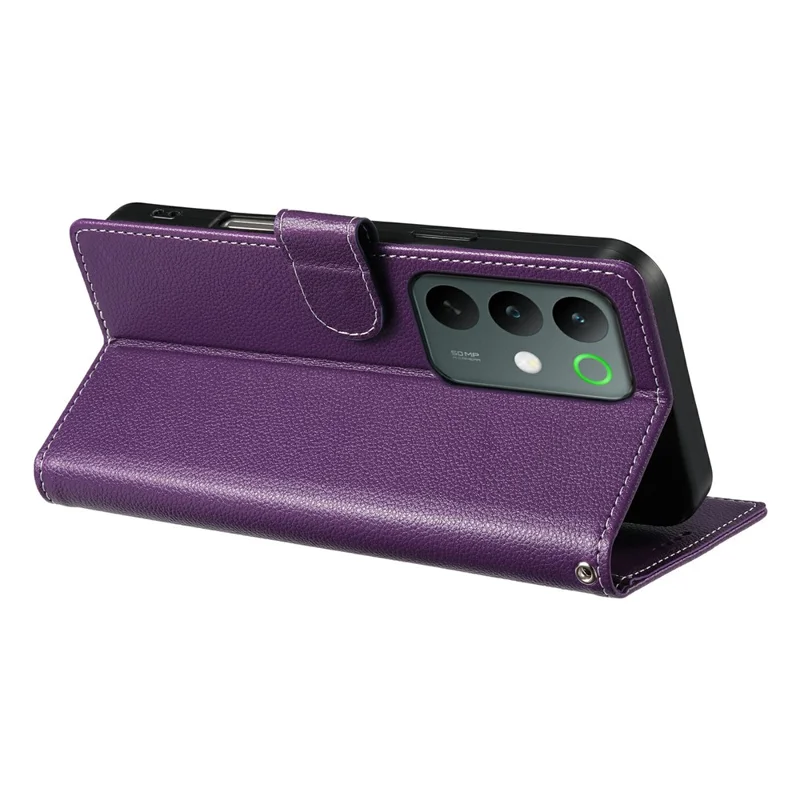 For Realme C85 Pro 4G Case Magnetic Snap Litchi Texture Leather Wallet Phone Cover with Wrist Strap - Purple