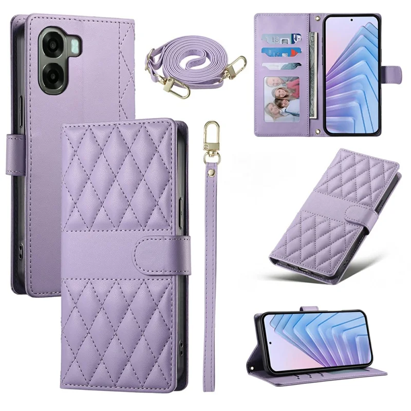 Wallet Case For Oppo A6x 5G  /  A6x 4G Rhombus Stitching Stand Leather Phone Cover with Long   /   Short Strap - Purple