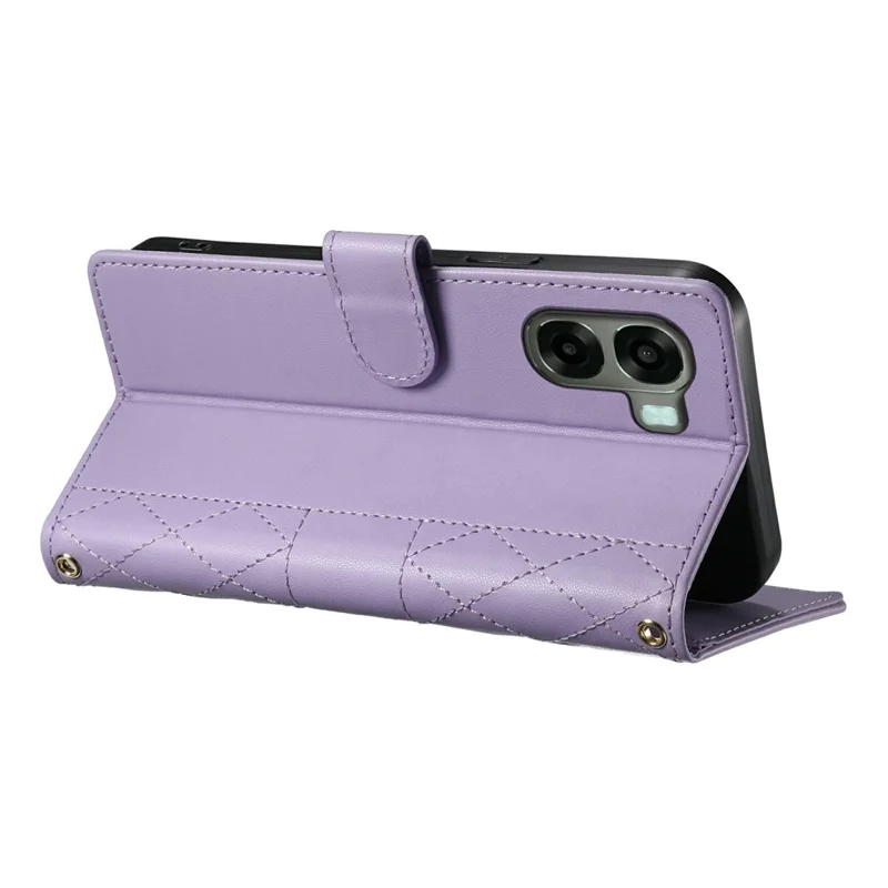 Wallet Case For Oppo A6x 5G  /  A6x 4G Rhombus Stitching Stand Leather Phone Cover with Long   /   Short Strap - Purple