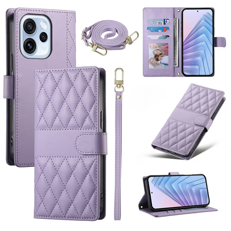 For Oppo Reno15 F 5G Wallet Case Rhombus Stitching Stand Leather Phone Cover with Long  /  Short Strap - Purple